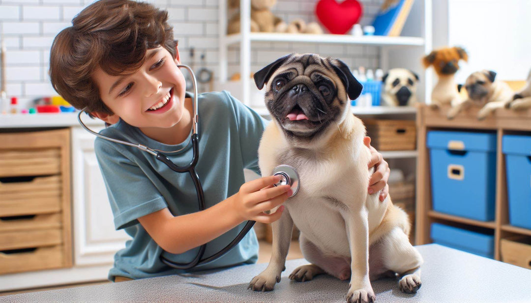 Um garoto vestido de veterinário, está analisando um PUB com um estetoscópio