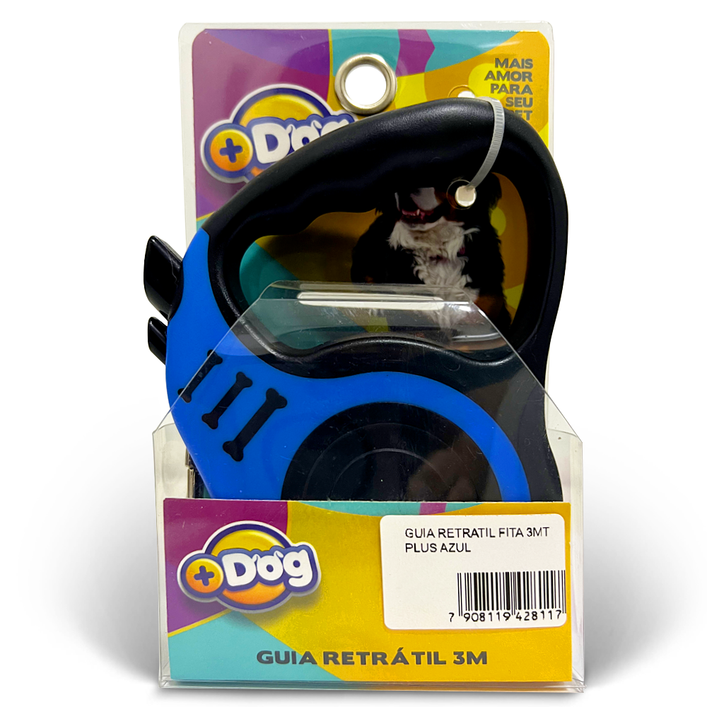 Guia Retrátil Fita Plus Azul +DOG - Tam. 3M
