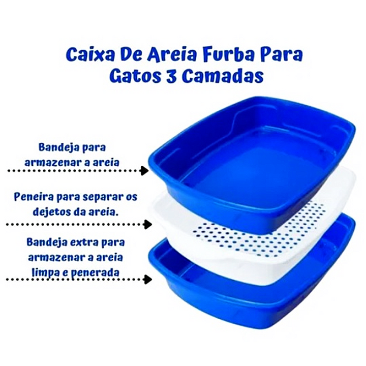 Banheiro para Gatos Furba 3 Camadas com Peneira cor Azul - FOUR PLASTIC
